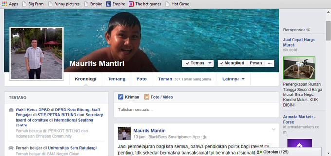 Facebook milik Maurits Mantiri (foto beritamanado)