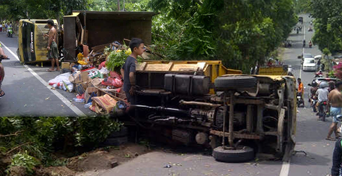 Truk sampah milik Pemkot yang mengalami kecelakaan (foto ist)