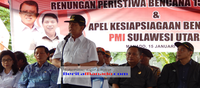 Gubernur Sulut S H Sarundajang saat memperingati setahun bencana Manado