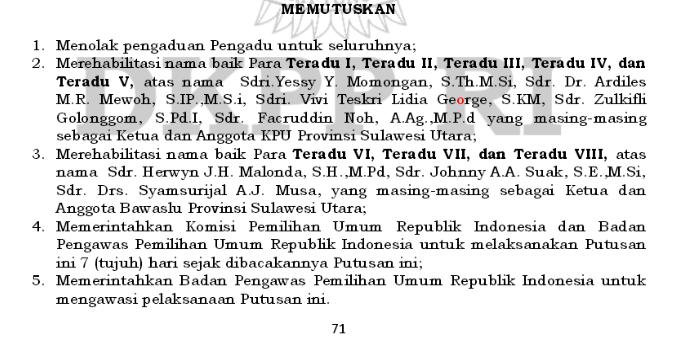 Putusan No 96 PKE DKPP IV 2015 KPU - Bawaslu Prov Sulut
