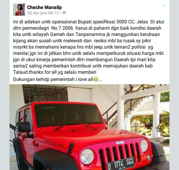 Pernyataan Bupati Talaud soal pembelian mobil dinas