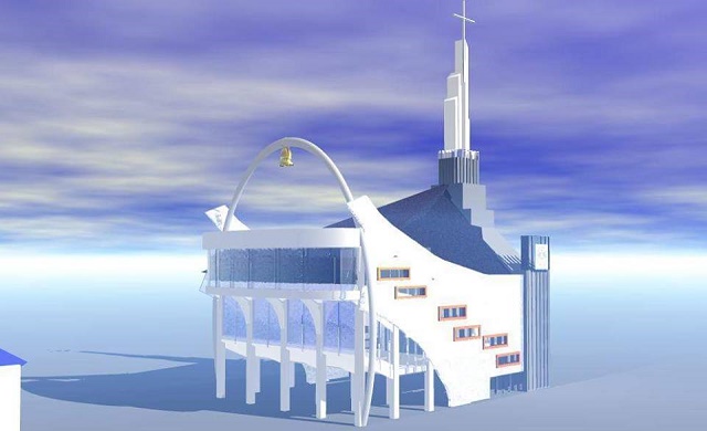 Desain bangunan Gereja GMIM Maranatha Kuhun, dengan brand gereja lonceng yang segera dibangun di Kota Manado