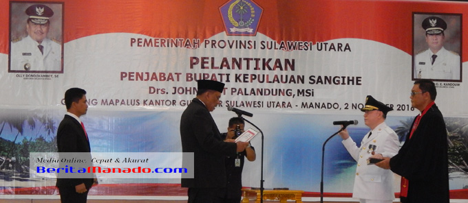 Gubernur Sulut Lantik Jhon Palandung sebagai Penjabat Bupati Kabupaten Kepulauan Sangihe