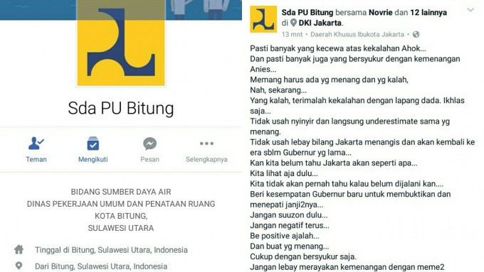 Account facebook Sda PU Bitung tentang Pilkada DKI Jakarta