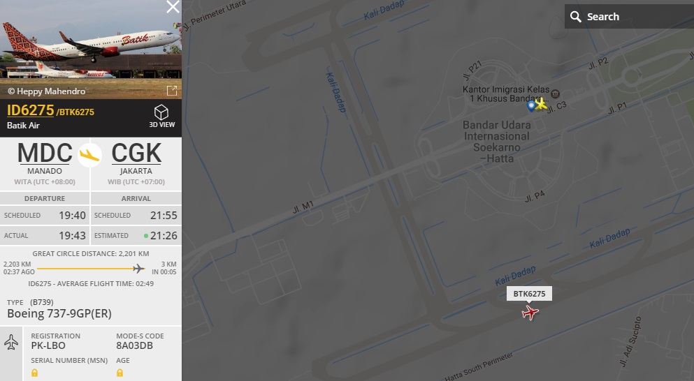 Pesawat Batik Air nomor penerbangan ID-6275 mendarat 29 menit lebih awal dari estimasi