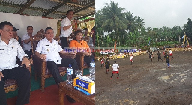 Wakil Bupati Ir Joppi Lengkong didampingi sejumlah pejabat menyaksikan pertandingan awal sepakbola mini se-Sulut.