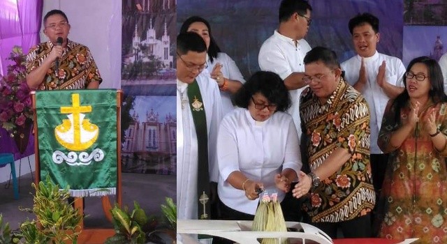 Wabup Ir Joppi Lengkong membawakan sambutan dan bersama-sama dengan pimpinan jemaat, menyalakan lilin HUT.(foto: staf khusus wabup)