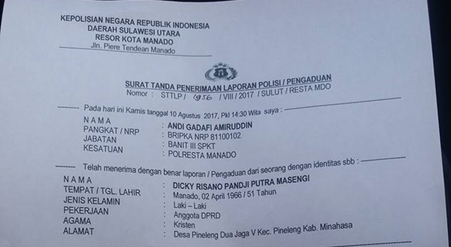 Laporan Polisi Dicky Risano Masengi di Polresta Manado