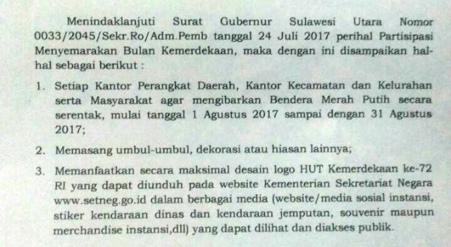 Surat Gubernur Sulawesi Utara soal pemasangan bendera Merah Putih dan ornamen lainnya sepanjang Agustus