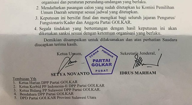 Surat Keputusan (SK) yang ditandatangani oleh Ketua Umum DPP Partai Golkar Setya Novanto