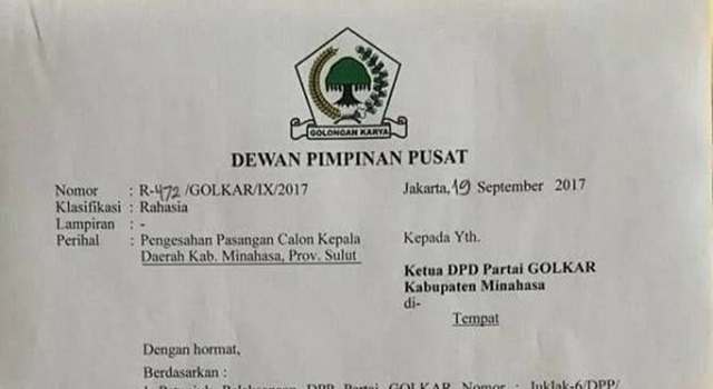 SK DPP Partai Golkar tentang Penetapan dan Pengesahan pasangan Ivan Sarundajang dan Careig naichel Runtu