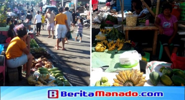 Para pedagang sayur dan umbi-umbian yang terpaksa berjualan di bawah terik matahari karena belum memiliki tempat berjualan tetap.