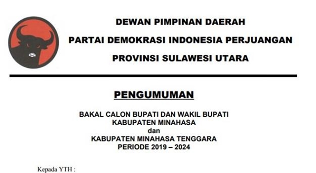 Pengumuman resmi DPD PDIP Sulut tentang penjaringan bakal calon Bupati dan Wakil Bupati Minahasa dan Minahasa Tenggara