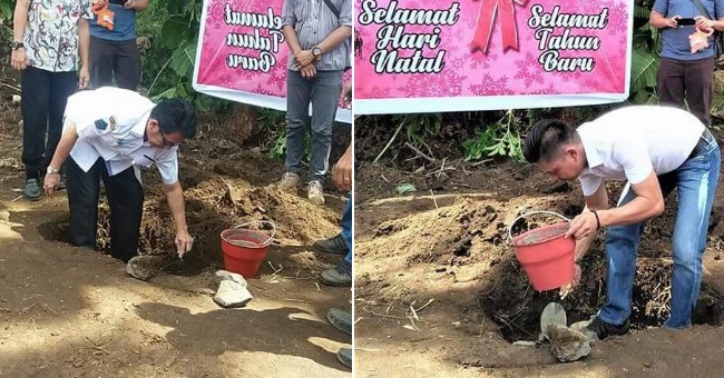 Kepala Dinas Pertanian Ir Jan Sinaulan yang didampingi oleh Kepala Bidang Penyuluhan Harter Nelwan SE MEc Dev meletakan batu pembangunan kantor.