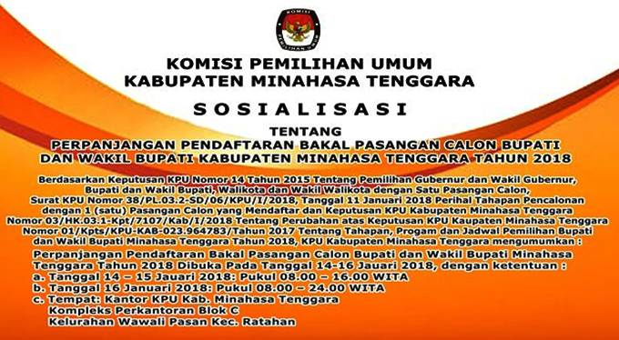 KPU MITRA Pengumuman Perpanjangan Pendaftaran Bakal Pasangan Calol Bupati dan Wakil Bupati Kabupaten MInahasa Tenggara