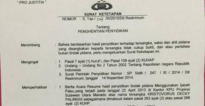 Polda Sulut Keluarkan SP3 Buat Kristovorus Deky Palinggi