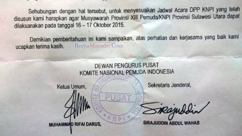 Instruksi DPP KNPI, Musprov XIII Sulut Dilaksanakan Oktober 2015