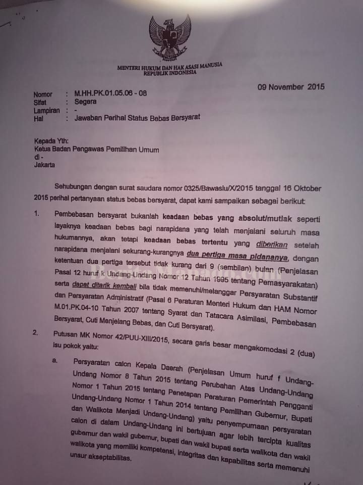 Eh, Ada Lagi Surat Penjelasan Menteri Soal Status Bebas Bersyarat