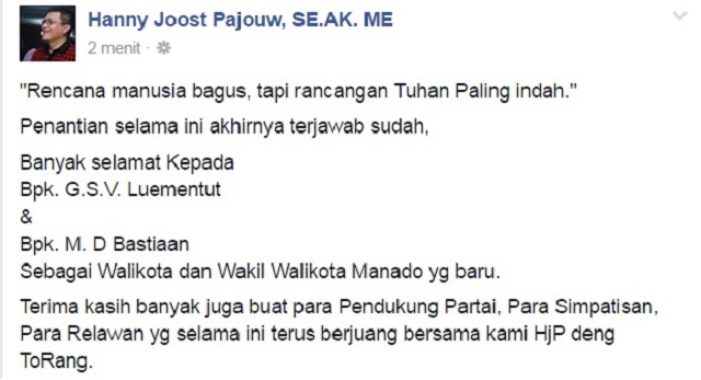 Luar Biasa !!! Hanny Pajouw Beri Selamat Kepada Vicky-Mor