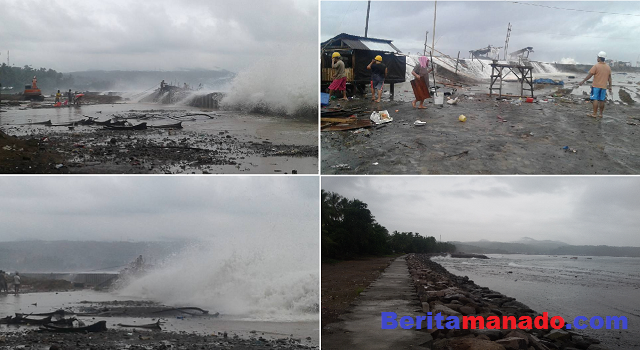ombak menerpa perahu dan kios nelayan