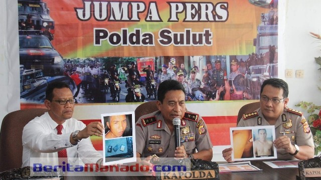 Kombes Pol Untung Sudarto (kiri), Irjen Pol Bambang Waskito (tengah), Kombes Pol Hisar Siallagan (kanan) saat memimpin jumpa pers di Mapolda Sulut