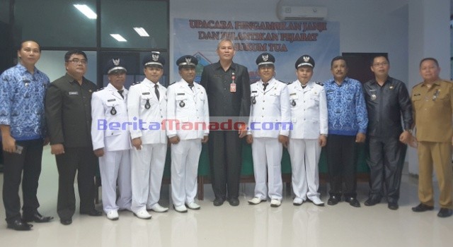 Rivino Dondokambey Lantik 5 Pejabat Hukum Tua di Minut 10 Asisten I Rivino Dondokambey, Kepala Dinsos-PMD Cakrawirya Gundo, Camat Talawaan Johan Wewengkang, Camat Likbar