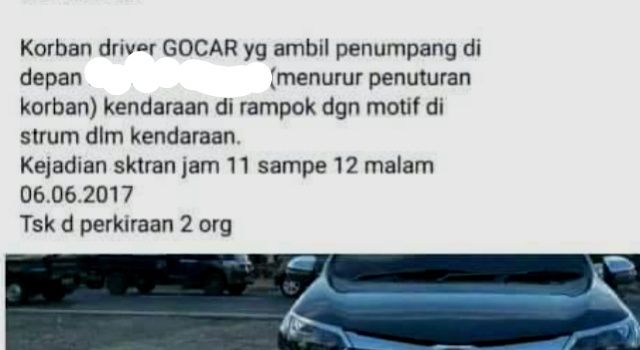 Waspada Perampokan !!! Driver Go-Car Jadi Korban Penumpang Sendiri