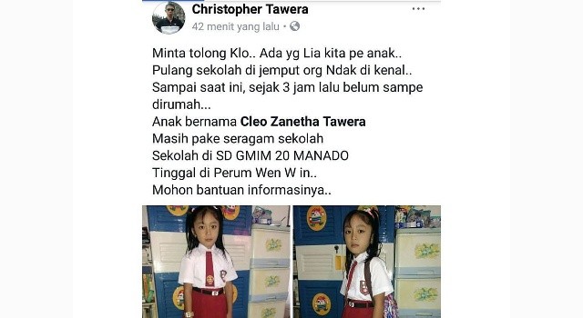 Dijemput Orang Tak Dikenal, Keberadaan Siswi Kelas 1 SD Ini Masih Tanda Tanya 8 Unggahan ayah dari Cleo Tawera di Facebook