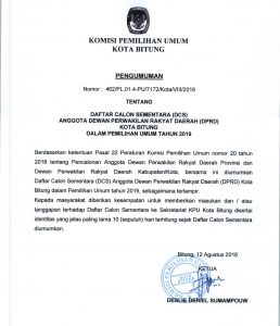 Ini Daftar Caleg Sementara 2019 Kota Bitung