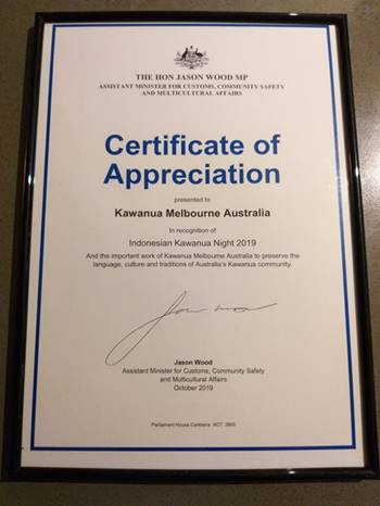 Certificate of Appreciation dari Assistant Minister for Multicultural, Jason Wood MP