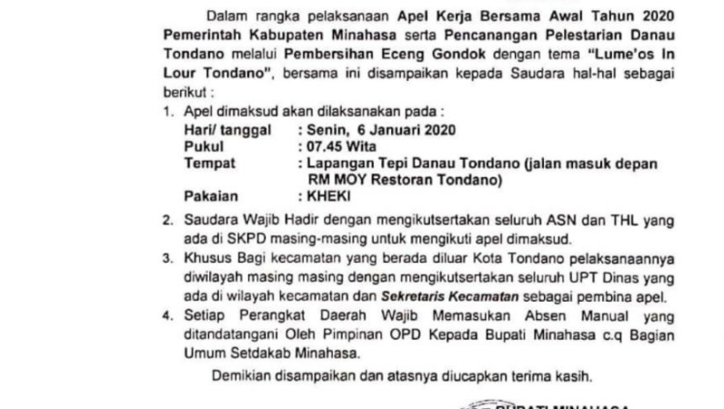 Besok, Pemkab Minahasa Gelar Apel Kerja Awal Tahun 2020