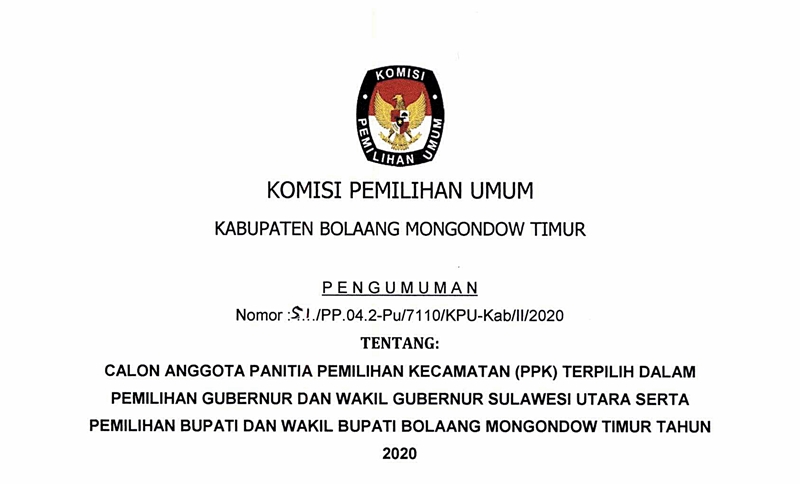 PENGUMUMAN: Calon Anggota Panitia Pemilihan Kecamatan (PPK) Terpilih Pada Pemilihan Gubernur dan Wakil Gubernur Sulut serta Pemilihan Bupati dan Wakil Bupati Boltim Tahun 2020
