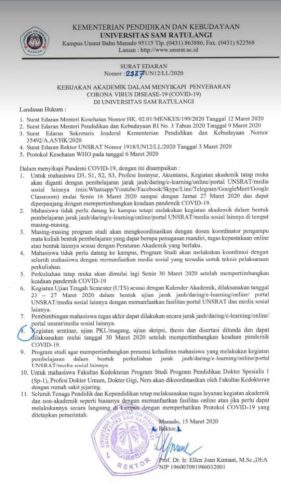 Antisipasi Dini Penyebaran Covid-19, Rektor Ellen Kumaat Keluarkan Surat Edaran