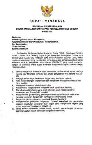 Bupati Royke Roring Keluarkan Himbauan Resmi Terkait Pencegahan Virus Corona
