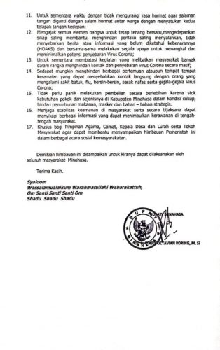 Bupati Royke Roring Keluarkan Himbauan Resmi Terkait Pencegahan Virus Corona