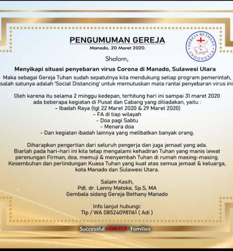 Ditandatangani Gembala Sidang, Gereja Bethany Manado Umumkan Jemaat Ibadah di Rumah
