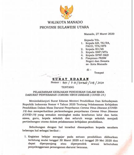 Wali Kota Manado Terbitkan Surat Edaran, Libur Sekolah Diperpanjang dan UN 2020 Dibatalkan