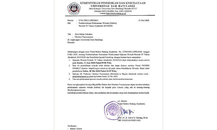 Unsrat Siap Laksanakan Wisuda Online Perdana