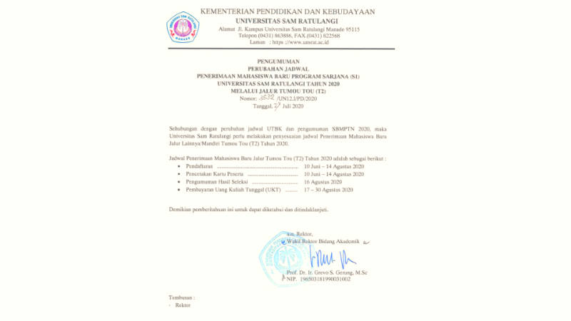 Jadwal Penerimaan Mahasiswa Jalur T2 Unsrat Dirubah, Ini Penjelasan Grevo Gerung
