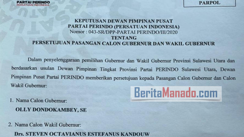 PILGUB SULUT: Olly Dondokambey-Steven Kandouw Terima SK Perindo