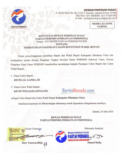 PILBUP MINUT: Perindo Terbitkan Form B.1-KWK untuk Joune Ganda-Kevin Lotulung 8 PILBUP MINUT: Perindo Terbitkan Form B.1-KWK untuk Joune Ganda-Kevin Lotulung