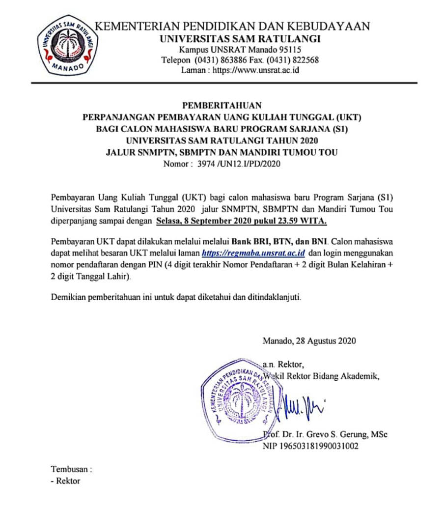 Beri Kesempatan ke Calon Mahasiswa Baru, Unsrat Perpanjang Pembayaran UKT