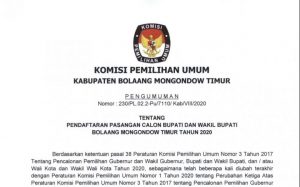 Pengumuman Pendaftaran Pasangan Calon Bupati dan Wakil Bupati Bolaang Mongondow Timur Tahun 2020