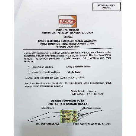 Jilly Gabriella Eman dan Virgie Baker Kantongi Form B1-KWK Hanura