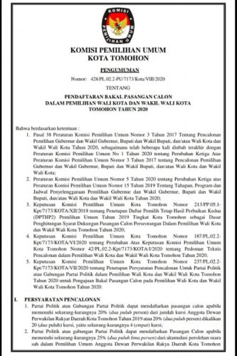 Pengumuman Pendaftaran Bakal Pasangan Calon Dalam Pemilihan Wali Kota Dan Wakil Wali Kota Tomohon Tahun 2020