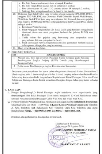 Pengumuman Pendaftaran Bakal Pasangan Calon Dalam Pemilihan Wali Kota Dan Wakil Wali Kota Tomohon Tahun 2020