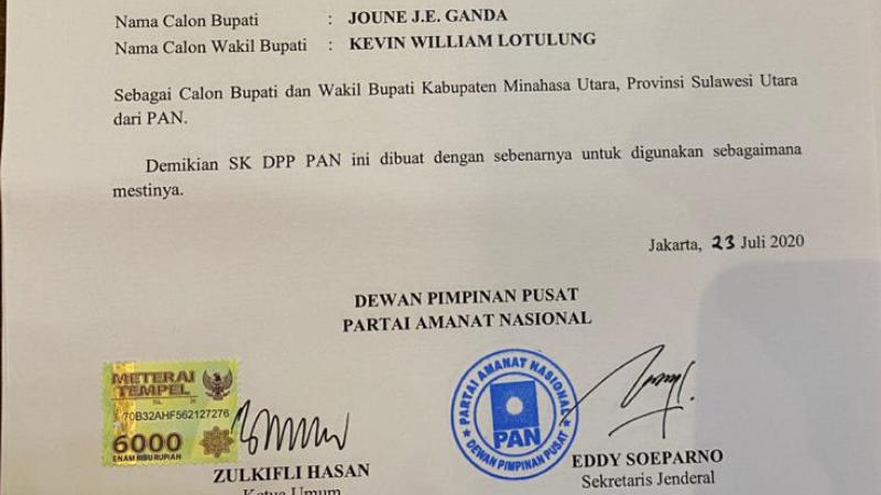 PILBUP MINUT: PAN Terbitkan B1KWK untuk Joune Ganda-Kevin Lotulung