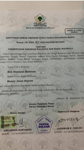 PILWALKOT MANADO: Golkar Dukung Mor Bastiaan-Hanny Pajouw?