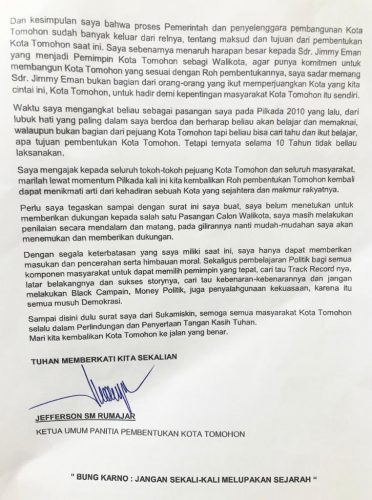 Jefferson Rumajar Kirim Surat ke-2 untuk Rakyat Tomohon