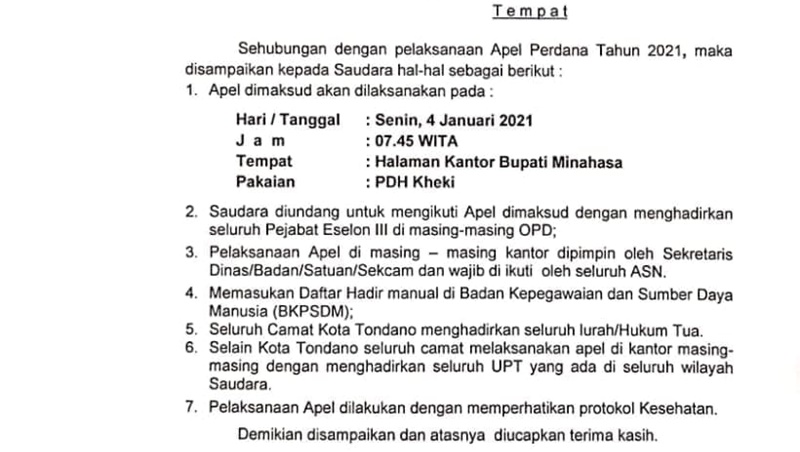 Besok Apel Perdana Pemkab Minahasa 2021